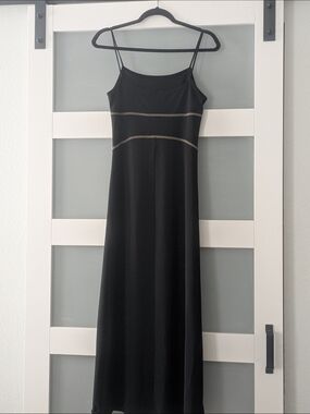 Black Spaghetti-Strap Maxi Dress with Decorative Trim